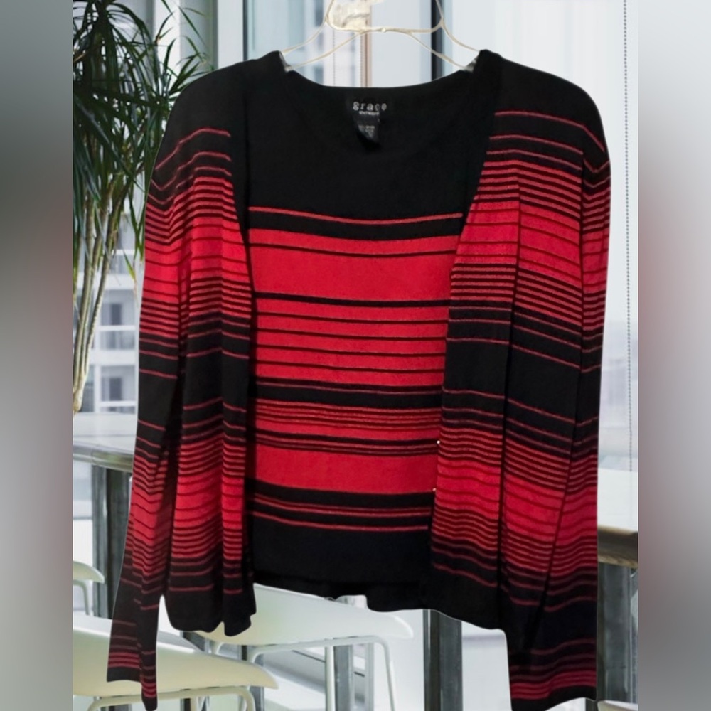 Grace Knitwear Red & Black Striped Cardigan Sweater Set Women’s Size M
